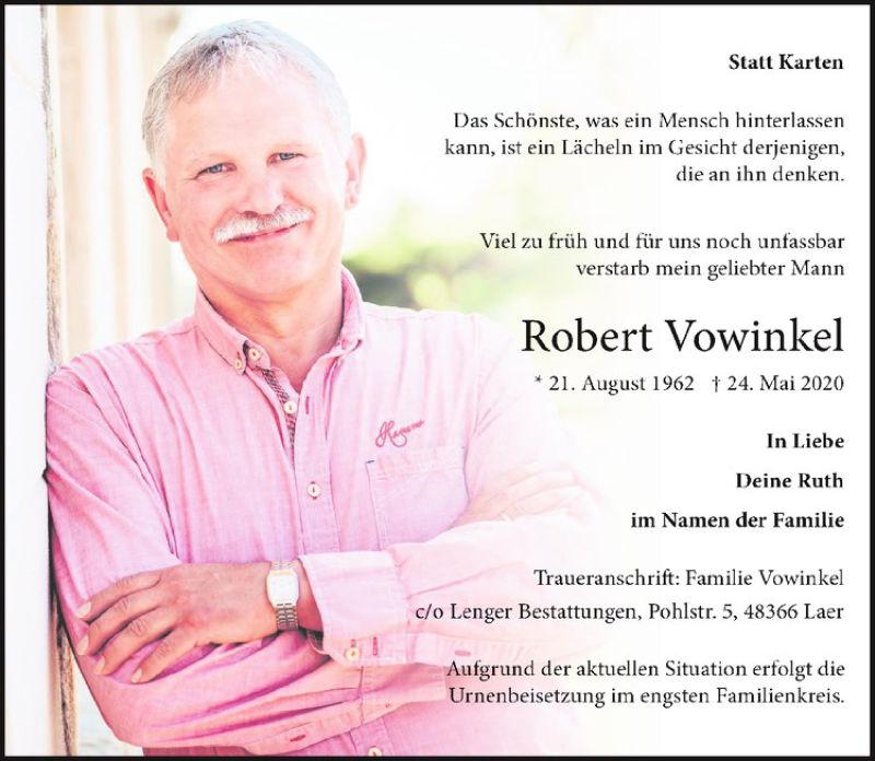  Traueranzeige für Robert Vowinkel vom 27.05.2020 aus Westfälische Nachrichten