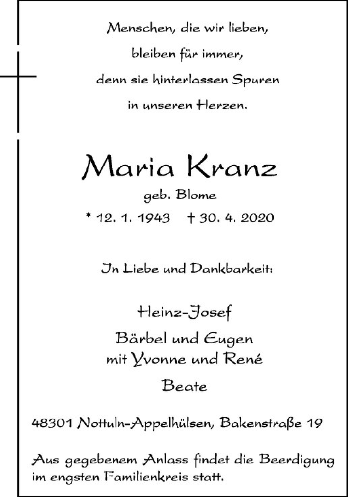  Traueranzeige für Maria Kranz vom 01.05.2020 aus Westfälische Nachrichten