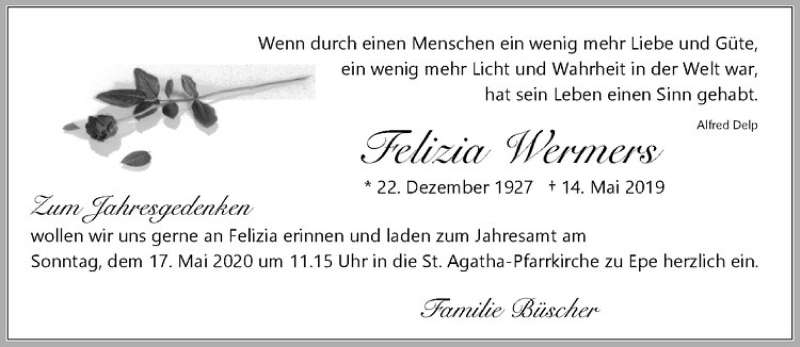 Traueranzeige für Felizia Wermers vom 13.05.2020 aus Westfälische Nachrichten