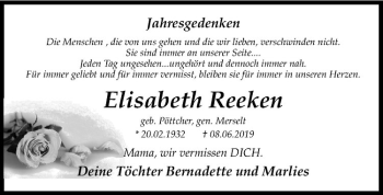 Anzeige von Elisabeth Reeken von Westfälische Nachrichten