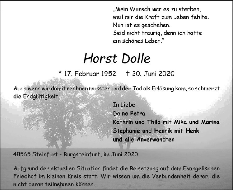  Traueranzeige für Horst Dolle vom 24.06.2020 aus Westfälische Nachrichten