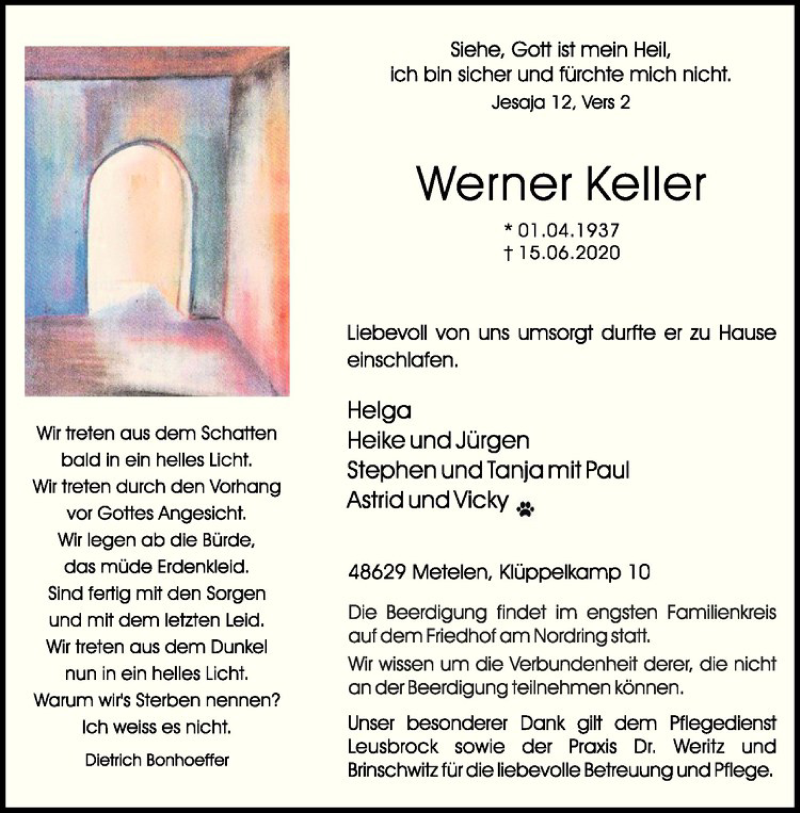  Traueranzeige für Wernerr Keller vom 19.06.2020 aus Westfälische Nachrichten