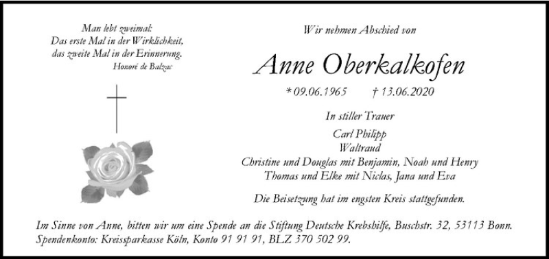  Traueranzeige für Anne Oberkalkofen vom 27.06.2020 aus Westfälische Nachrichten