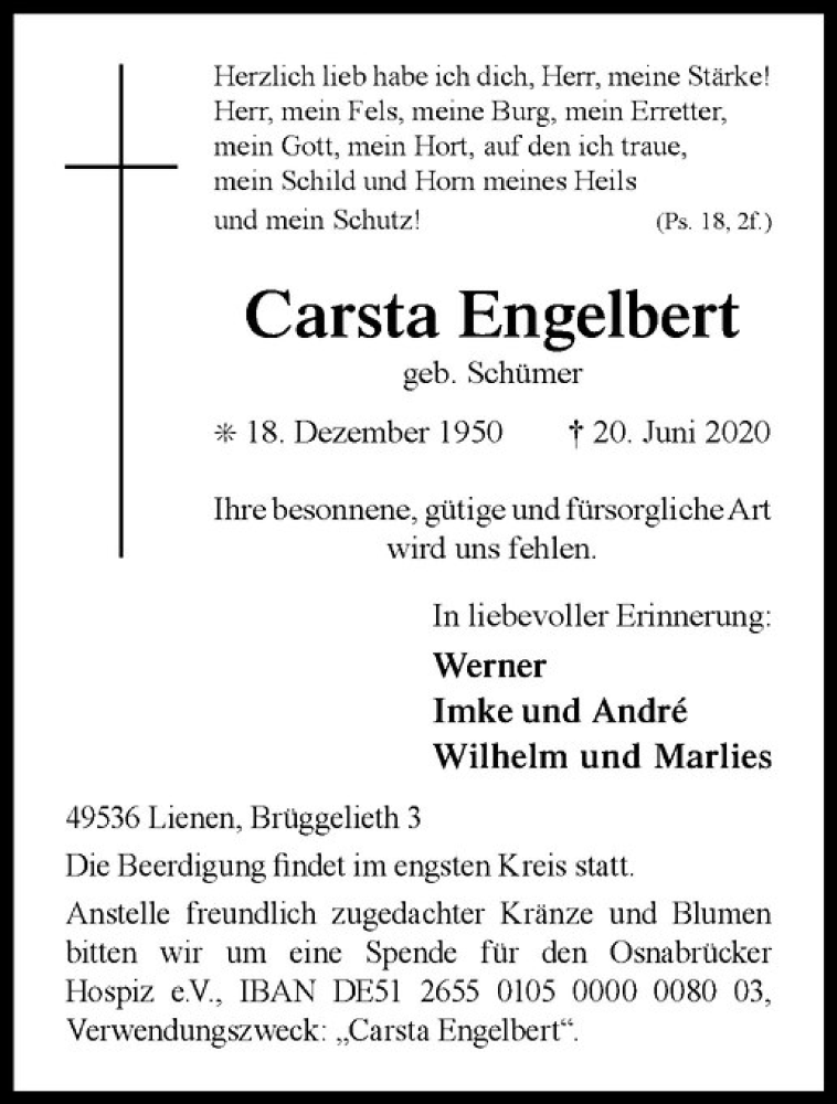  Traueranzeige für Carsta Engelbert vom 24.06.2020 aus Westfälische Nachrichten