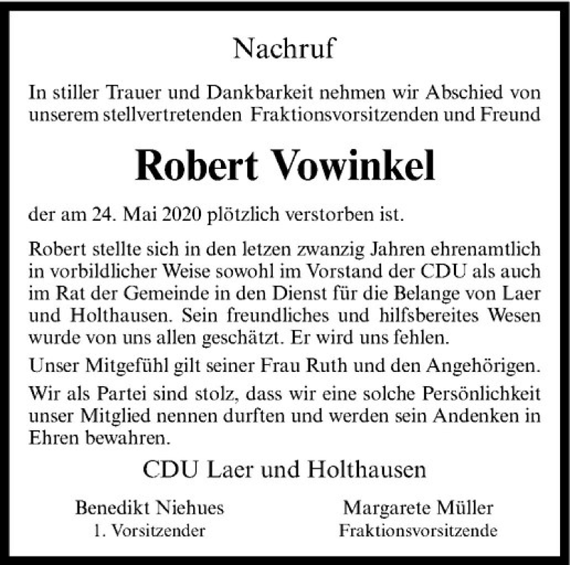  Traueranzeige für Robert Vowinkel vom 30.05.2020 aus Westfälische Nachrichten