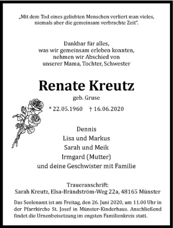 Anzeige von Renate Kreutz von Westfälische Nachrichten