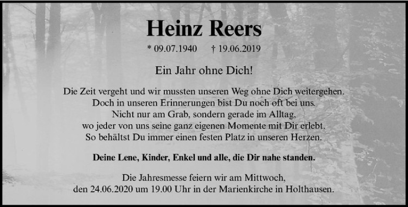  Traueranzeige für Heinz Reers vom 20.06.2020 aus Westfälische Nachrichten