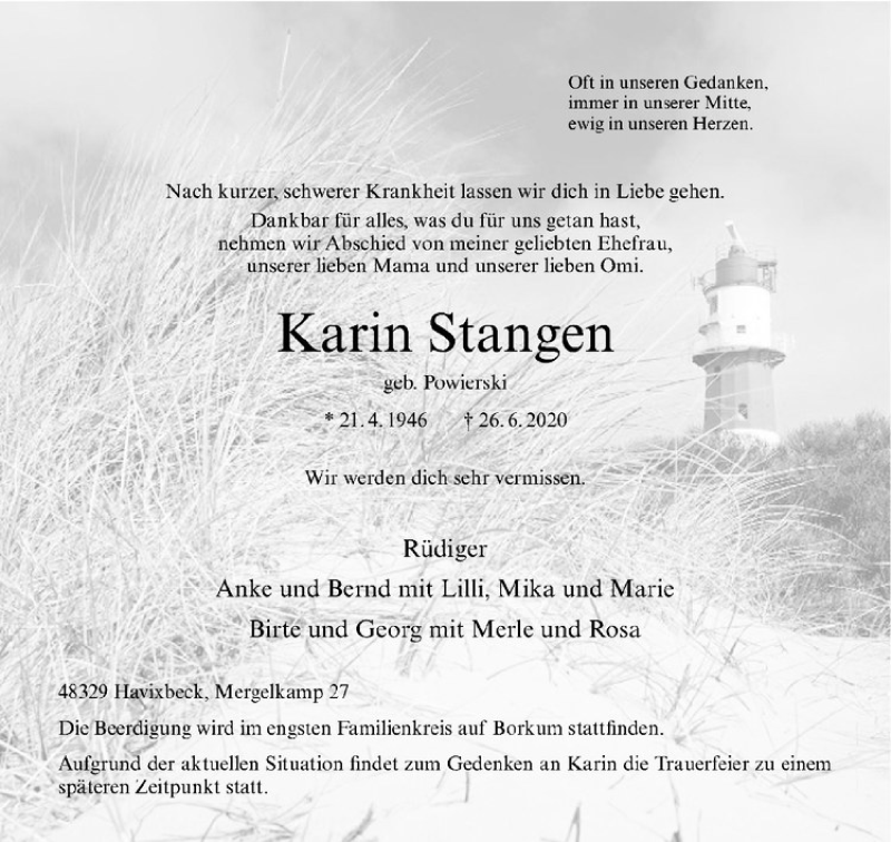  Traueranzeige für Karin Stangen vom 27.06.2020 aus Westfälische Nachrichten