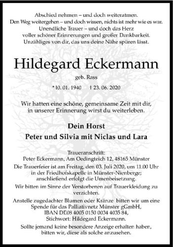 Anzeige von Hildegard Eckermann von Westfälische Nachrichten