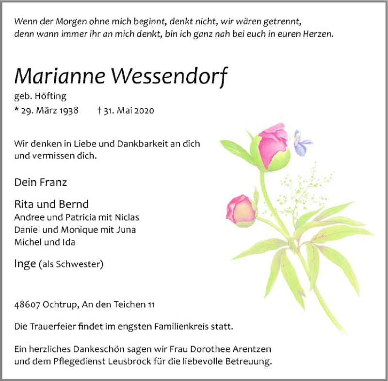  Traueranzeige für Marianne Wessendorf vom 02.06.2020 aus Westfälische Nachrichten