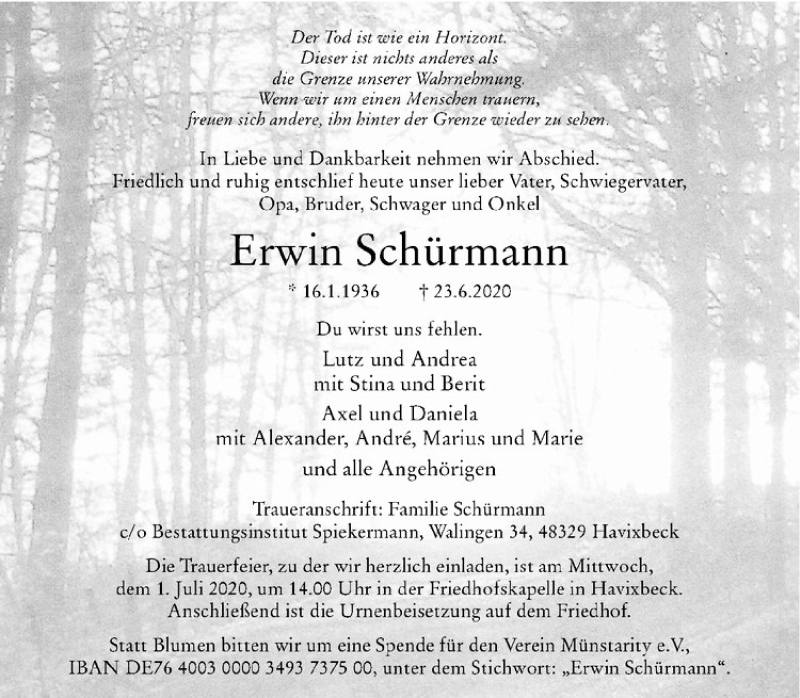  Traueranzeige für Erwin Schürmann vom 27.06.2020 aus Westfälische Nachrichten