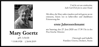 Anzeige von Mary Goertz von Westfälische Nachrichten