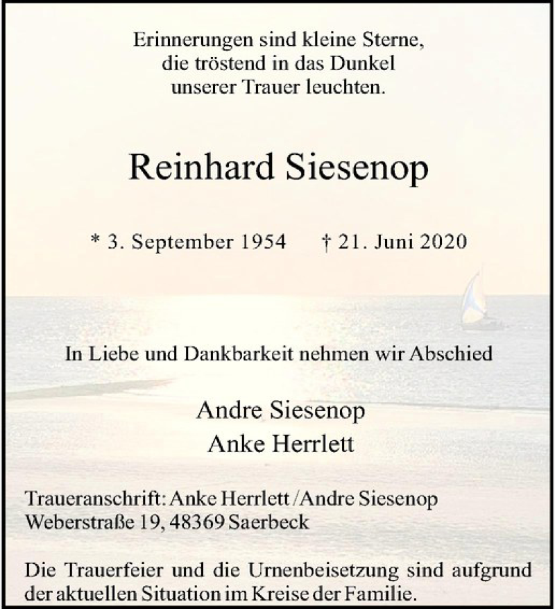  Traueranzeige für Reinhard Siesenop vom 24.06.2020 aus Westfälische Nachrichten