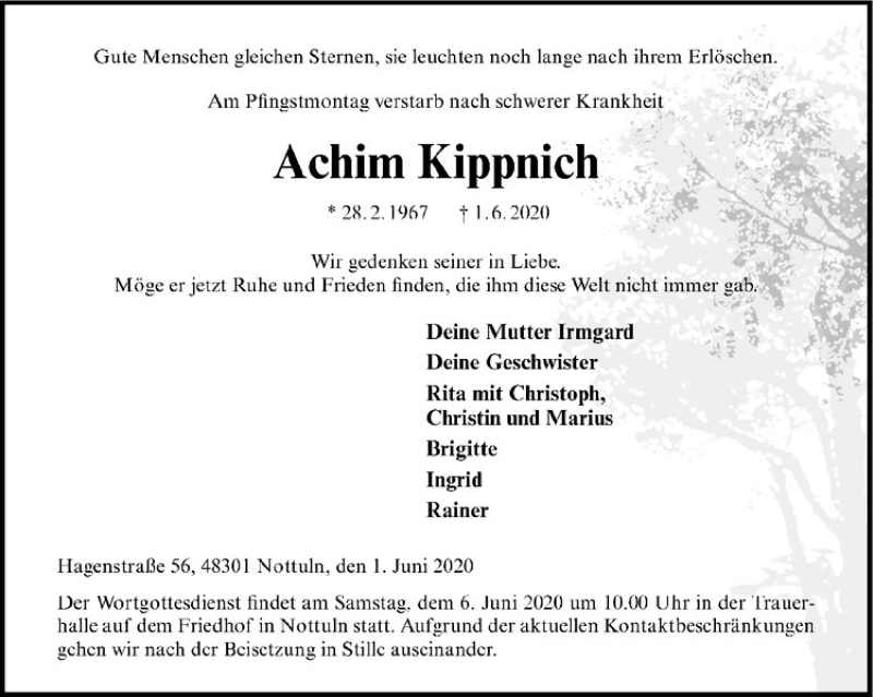  Traueranzeige für Achim Kippnich vom 05.06.2020 aus Westfälische Nachrichten