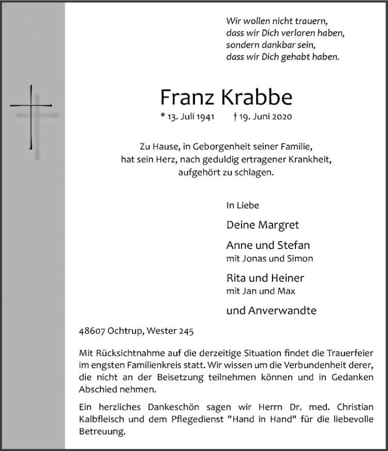  Traueranzeige für Franz Krabbe vom 22.06.2020 aus Westfälische Nachrichten
