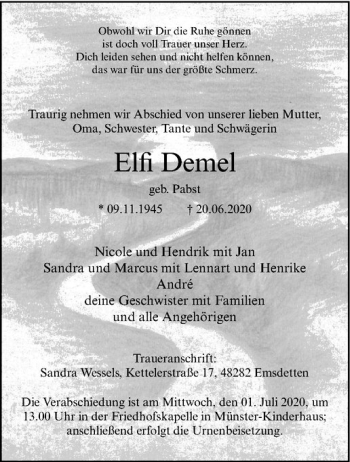 Anzeige von Elfi Demel von Westfälische Nachrichten