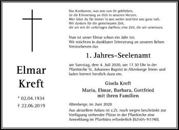 Anzeige von Elmar Kreft von Westfälische Nachrichten
