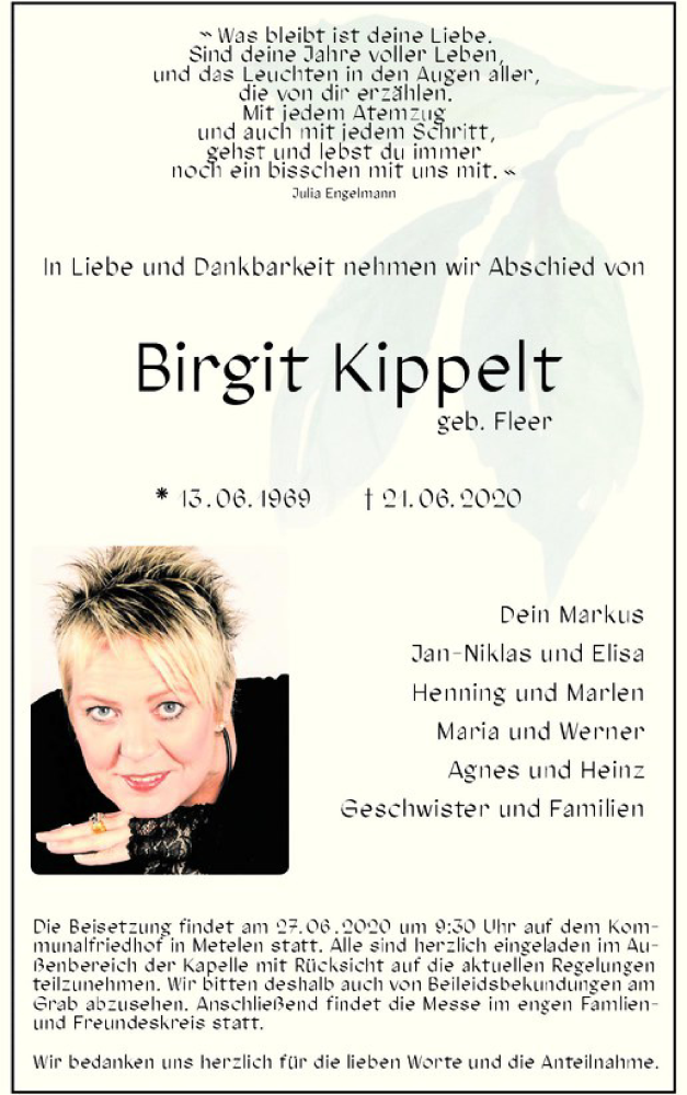  Traueranzeige für Birgit Kippelt vom 25.06.2020 aus Westfälische Nachrichten