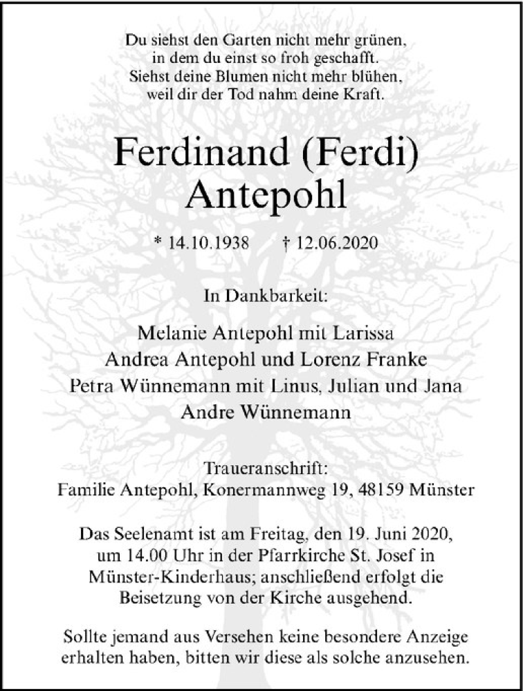  Traueranzeige für Ferdinand Antepohl vom 17.06.2020 aus Westfälische Nachrichten