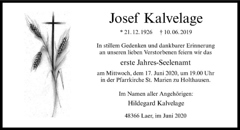  Traueranzeige für Josef Kalvelage vom 13.06.2020 aus Westfälische Nachrichten