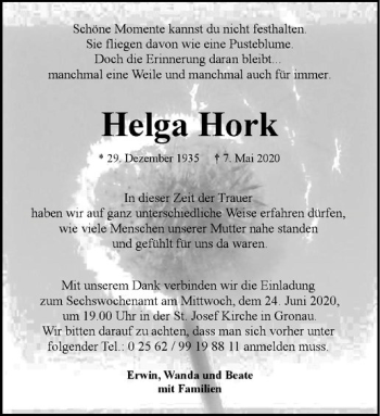 Anzeige von Helga Hork von Westfälische Nachrichten