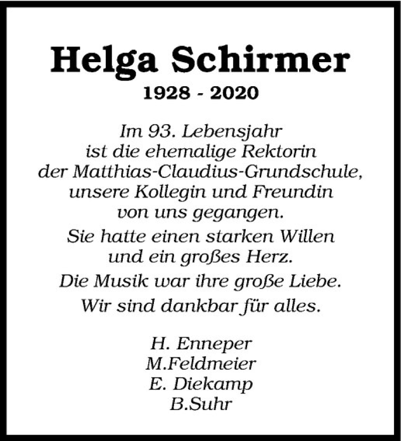  Traueranzeige für Helga Schirmer vom 03.06.2020 aus Westfälische Nachrichten