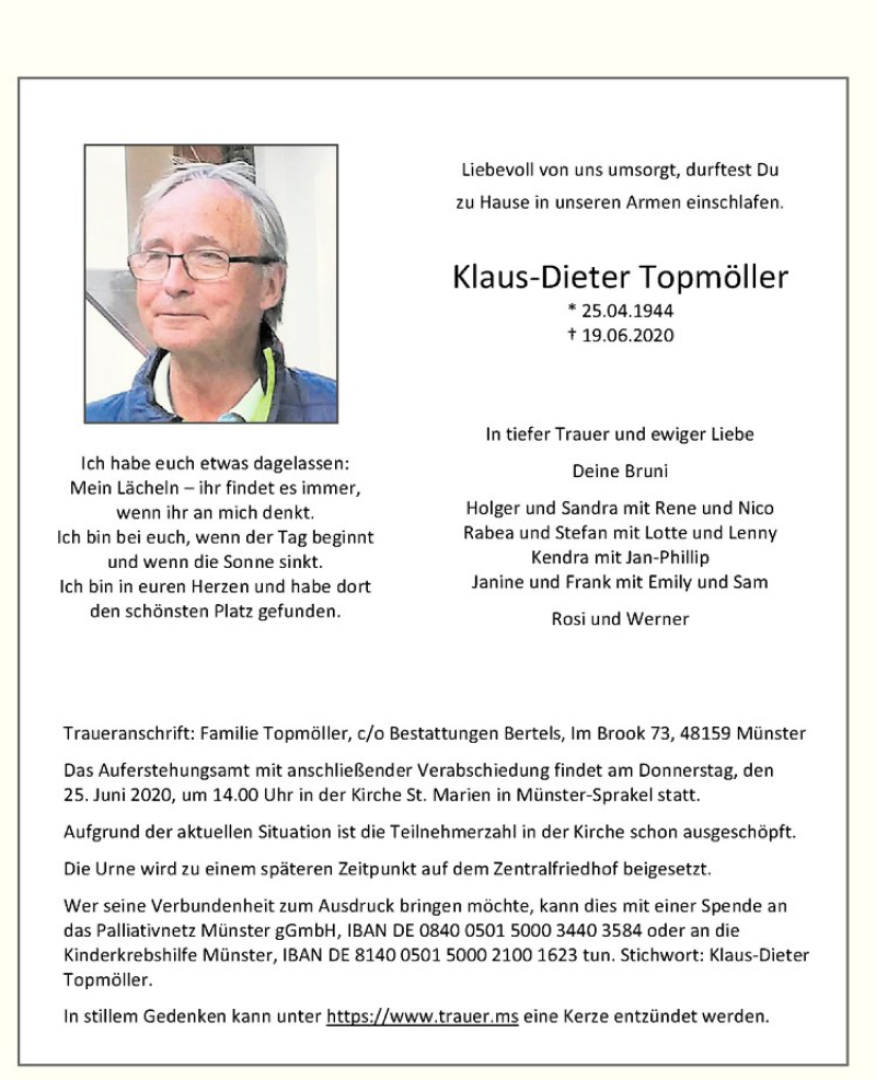  Traueranzeige für Klaus-Dieter Topmöller vom 22.06.2020 aus Westfälische Nachrichten