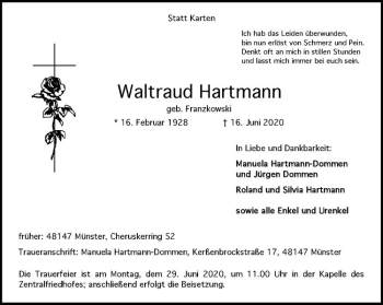 Anzeige von Waltraud Hartmann von Westfälische Nachrichten