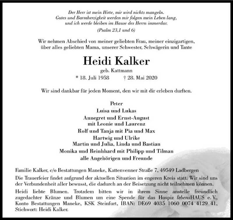 Traueranzeige für Heidi Kalker vom 04.06.2020 aus Westfälische Nachrichten