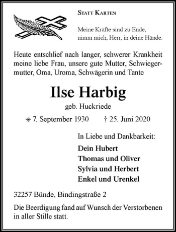 Anzeige von Ilse Harbig von Westfälische Nachrichten