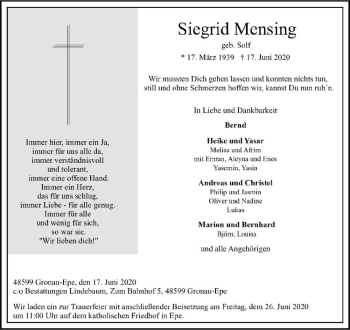 Anzeige von Siegrid Mensing von Westfälische Nachrichten