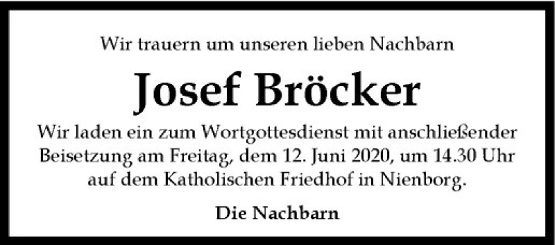  Traueranzeige für Josef Bröcker vom 10.06.2020 aus Westfälische Nachrichten
