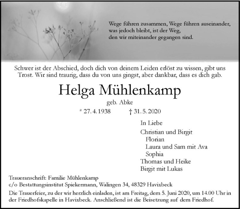  Traueranzeige für Helga Mühlenkamp vom 03.06.2020 aus Westfälische Nachrichten