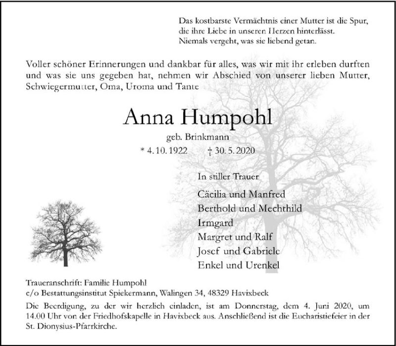  Traueranzeige für Anna Humpohl vom 03.06.2020 aus Westfälische Nachrichten