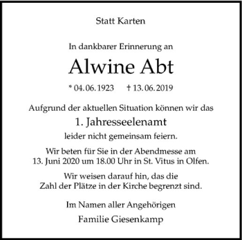 Anzeige von Alwine Abt von Westfälische Nachrichten