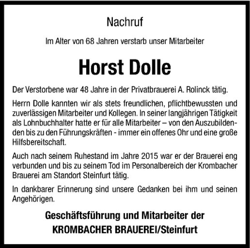  Traueranzeige für Horst Dolle vom 27.06.2020 aus Westfälische Nachrichten