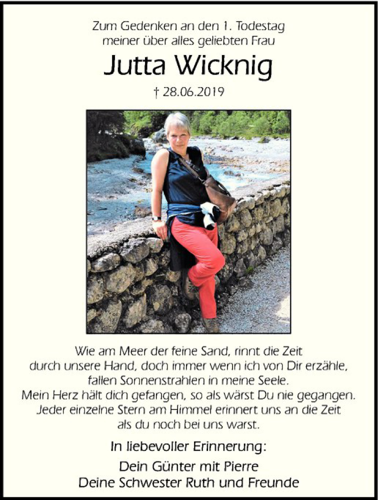  Traueranzeige für Jutta Wicknig vom 27.06.2020 aus Westfälische Nachrichten