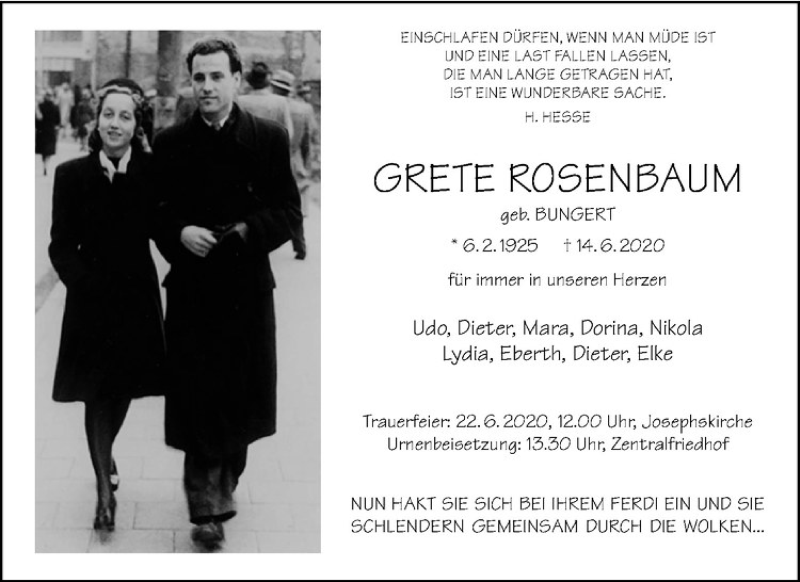  Traueranzeige für Grete Rosenbaum vom 17.06.2020 aus Westfälische Nachrichten