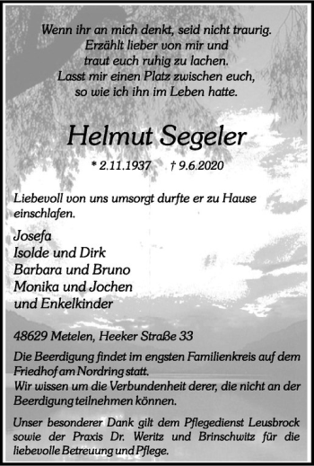 Anzeige von Helmut Segeler von Westfälische Nachrichten