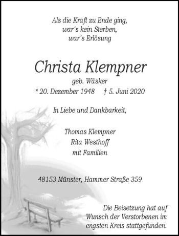 Anzeige von Christa Klemper von Westfälische Nachrichten