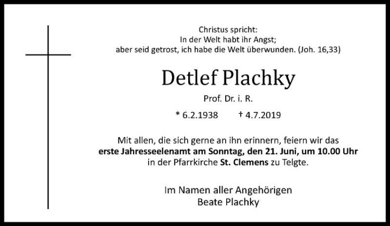  Traueranzeige für Detlef Plachky vom 13.06.2020 aus Westfälische Nachrichten