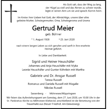 Anzeige von Gertrud Meier von Westfälische Nachrichten