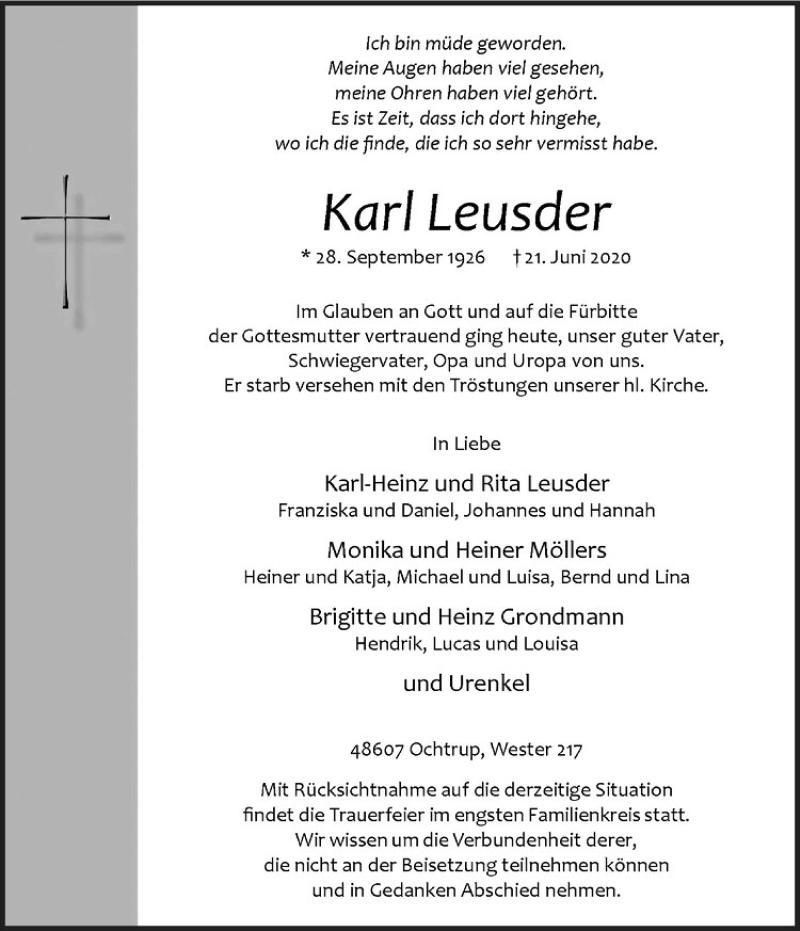  Traueranzeige für Karl Leusder vom 24.06.2020 aus Westfälische Nachrichten