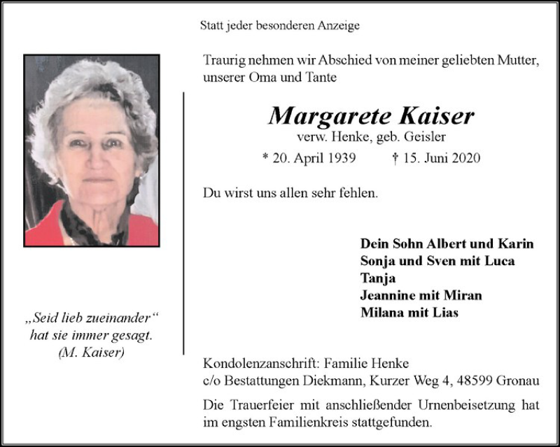  Traueranzeige für Margarete Kaiser vom 26.06.2020 aus Westfälische Nachrichten