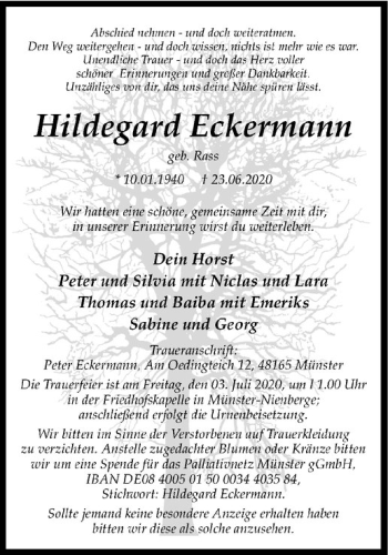 Anzeige von Hildegard Eckermann von Westfälische Nachrichten