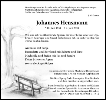 Anzeige von Johannes Hensmann von Westfälische Nachrichten