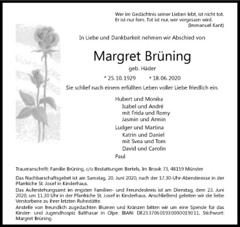 Anzeige von Margret Brüning von Westfälische Nachrichten