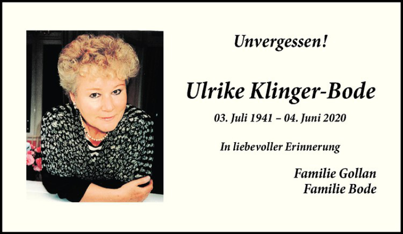  Traueranzeige für Ulrike Klinger-Bode vom 24.06.2020 aus Westfälische Nachrichten