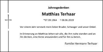 Anzeige von Matthias Terhaar von Westfälische Nachrichten