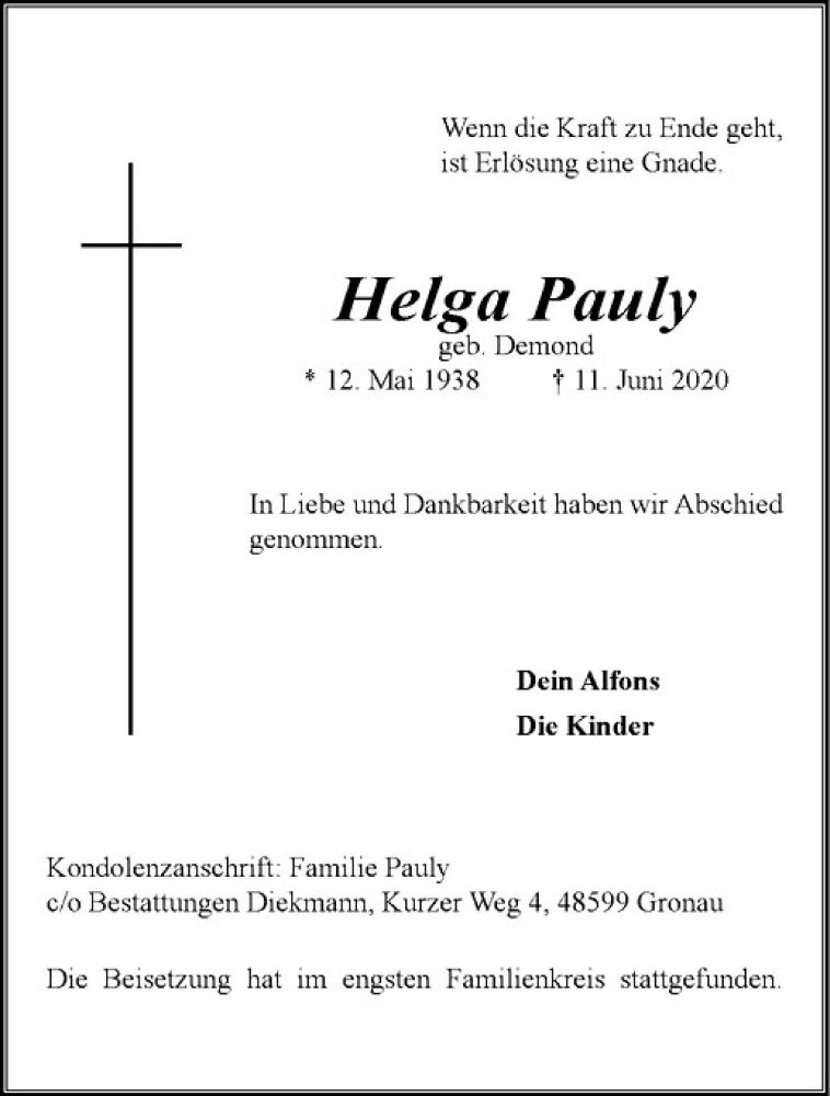  Traueranzeige für Helga Pauly vom 17.06.2020 aus Westfälische Nachrichten